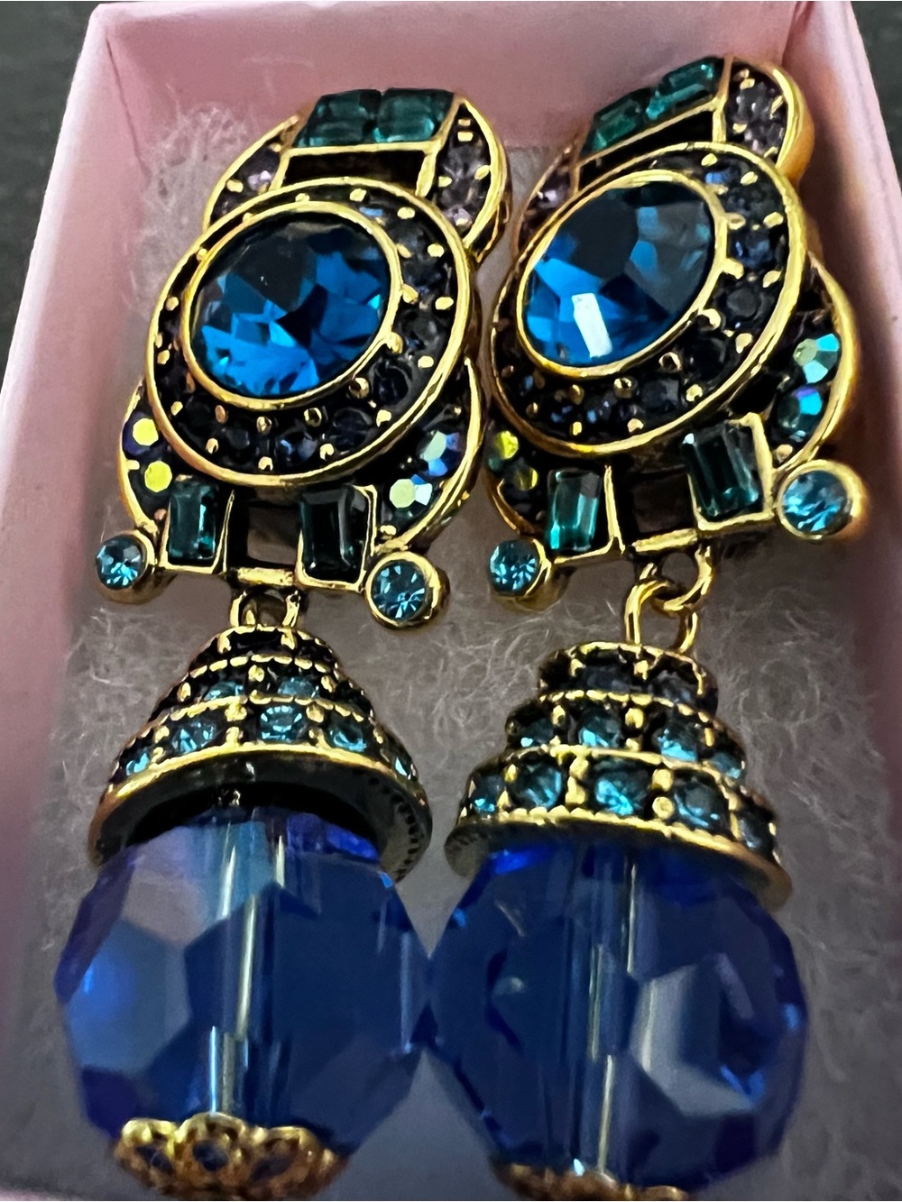 Gold-Tone Blue Crystal Drop Earrings - Designer Style Trifari.